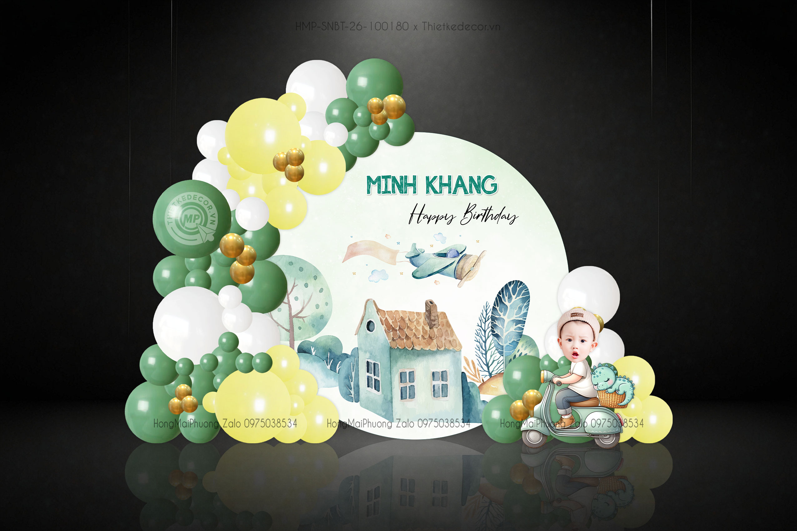 Sinh nhật bé trai tone xanh bạt tròn ngôi nhà trong rừng